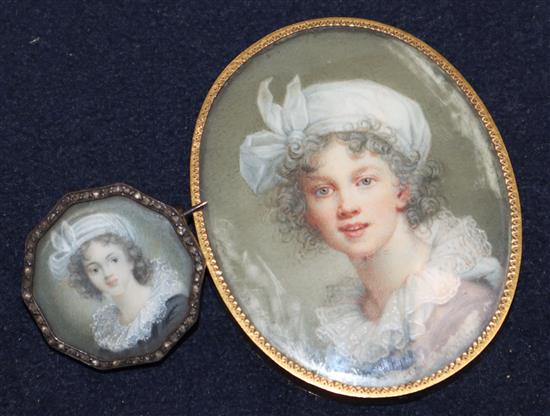 After Elisabeth Louise Vigée Le Brun - oil on ivory, Two miniature self portraits largest 5.5 x 4.5cm